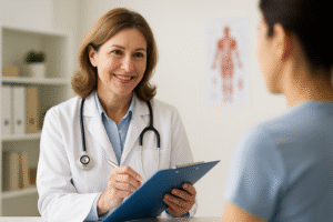 A female doctor in a white lab coat smiles as she engages with a patient during a consultation in a medical office.