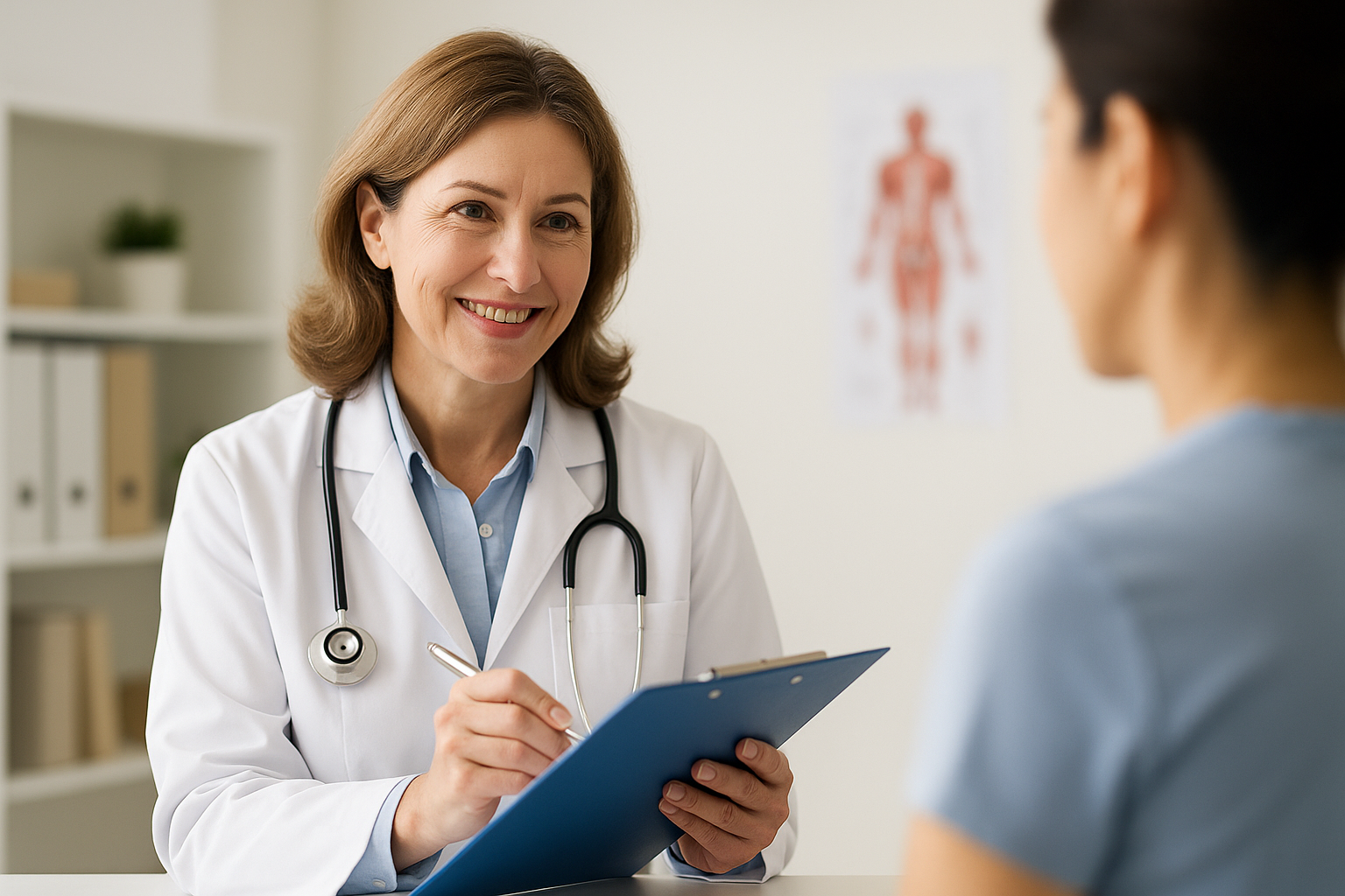 A female doctor in a white lab coat smiles as she engages with a patient during a consultation in a medical office.