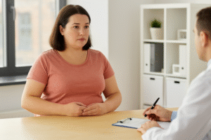 A woman listens to a doctor during a weight management consultation