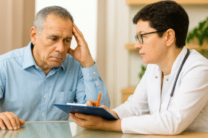 Elderly male patient discussing dementia symptoms with a female doctor attentively listening during a consultation