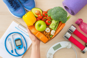 Healthy foods and fitness tools arranged around a heart-shaped bowl for managing diabetes – Medicus Health Clinics.