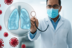 Male doctor using a stethoscope on holographic lungs in a medical setting, symbolising pneumonia prevention and respiratory care.