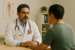 Doctor and adult patient in a private HIV management consultation in a modern clinic setting.