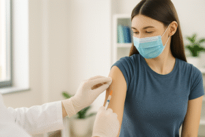 Female patient receiving immunization in a clinic setting, wearing a face mask