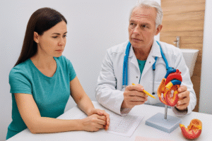 Doctor explaining cardiovascular health to a patient using a heart model during consultation.