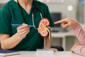 Healthcare professional explaining kidney anatomy using a detailed anatomical model during a chronic kidney disease management consultation