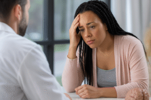 Migraine management consultation – female patient discussing chronic headache symptoms with doctor at Medicus Health Clinics.