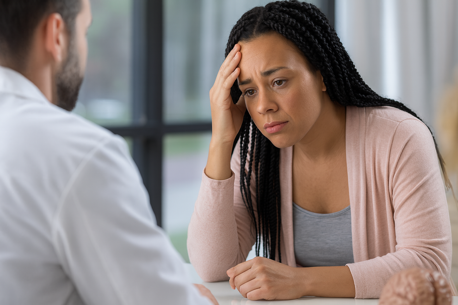 Migraine management consultation – female patient discussing chronic headache symptoms with doctor at Medicus Health Clinics.