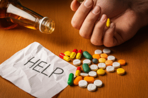 Hand with pills and alcohol bottle next to a note reading "HELP," symbolizing the need for addiction medicine and recovery support.