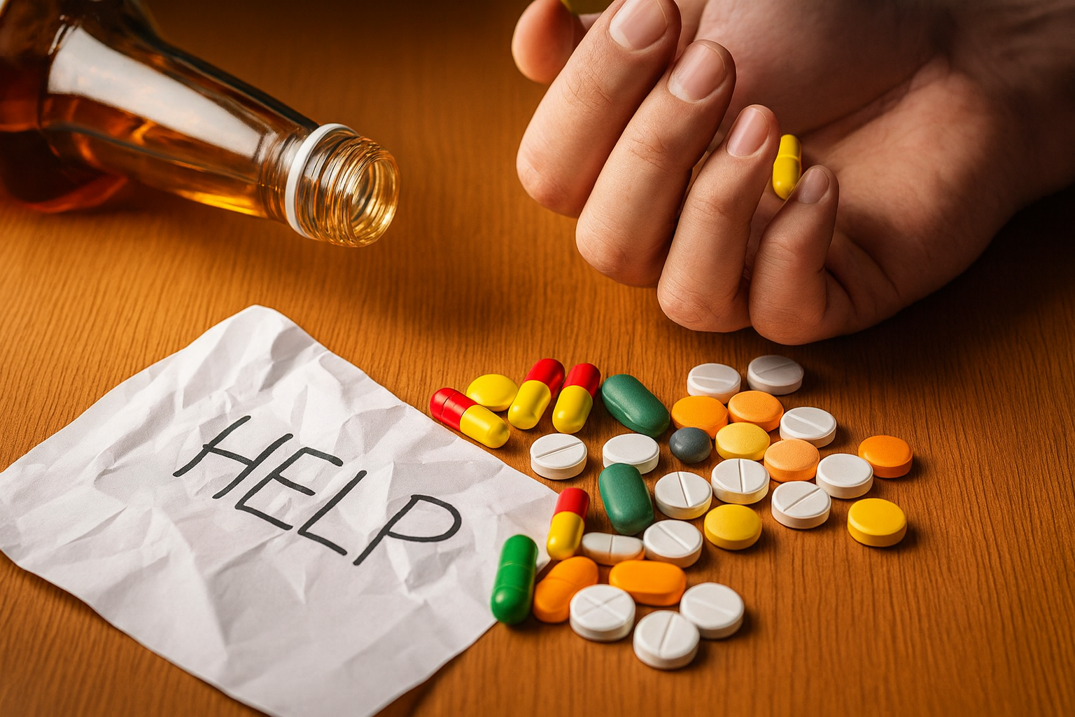 Hand with pills and alcohol bottle next to a note reading "HELP," symbolizing the need for addiction medicine and recovery support.