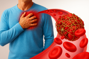 Illustration of a man holding his chest with a graphic of a blood clot blocking red blood cells, symbolizing blood clot risks and complications.