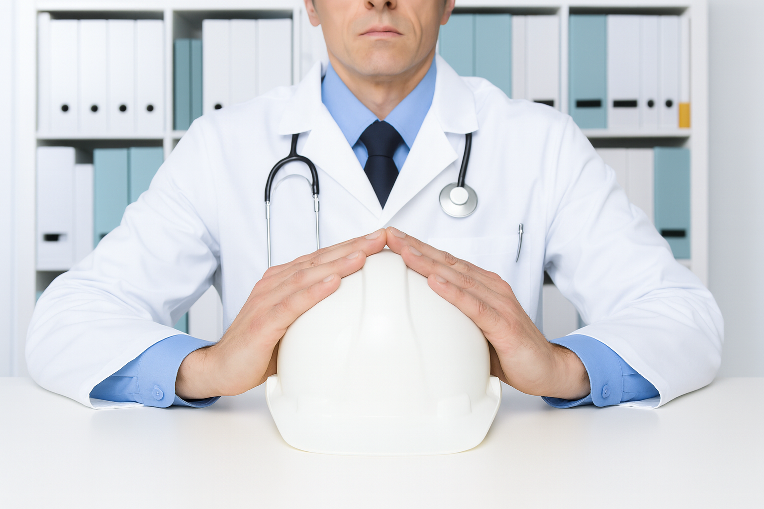 Doctor with stethoscope holding a safety helmet, symbolizing occupational health assessments and workplace safety.