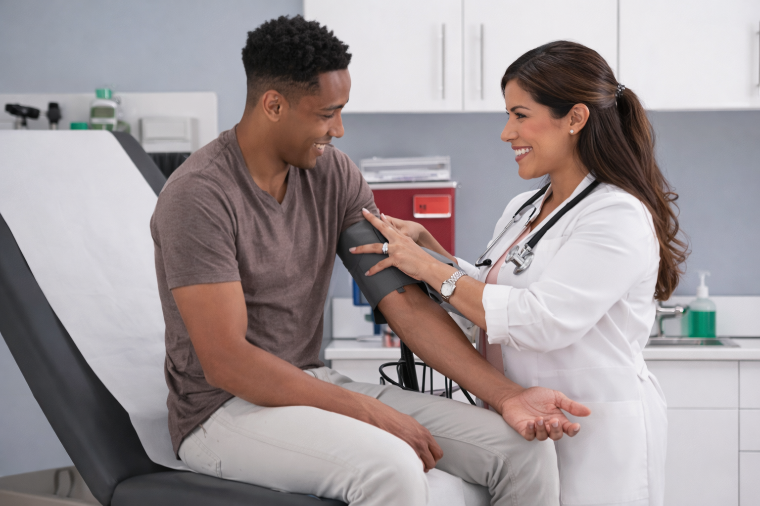 Latina physician conducting a blood pressure check during an annual wellness visit in Garland, Texas.