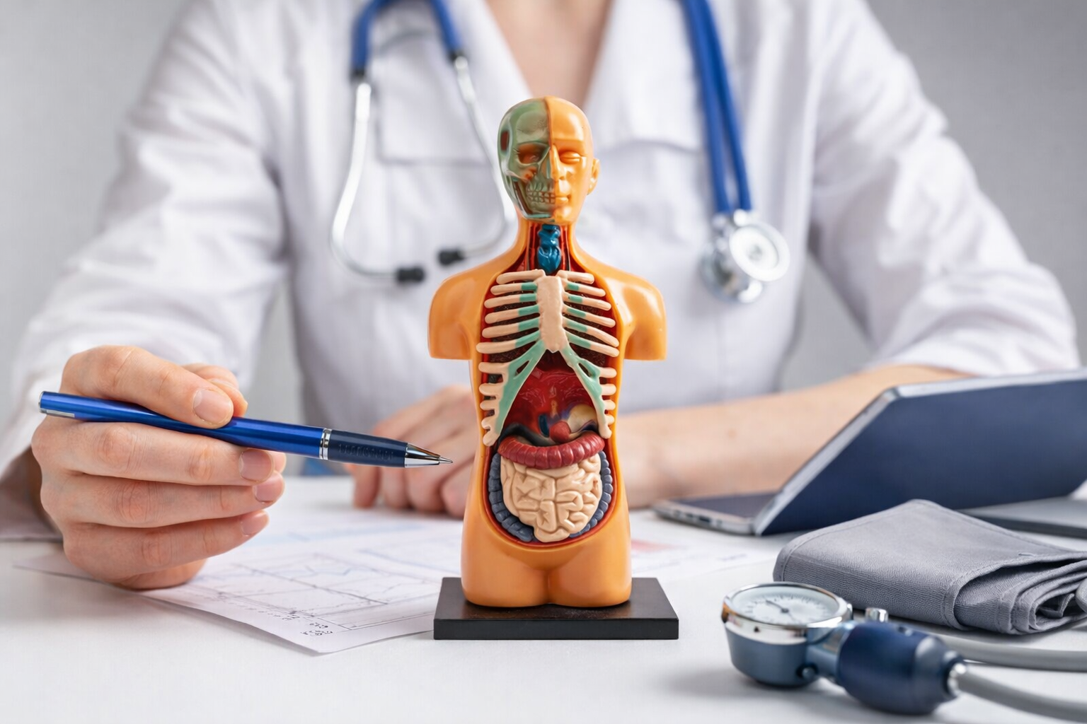 Internal medicine physician reviewing a human anatomy model during a patient care consultation in Garland, Texas.