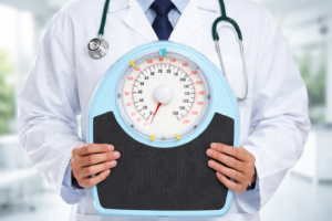 Doctor holding a light blue weighing scale representing medical weight loss program in Garland TX