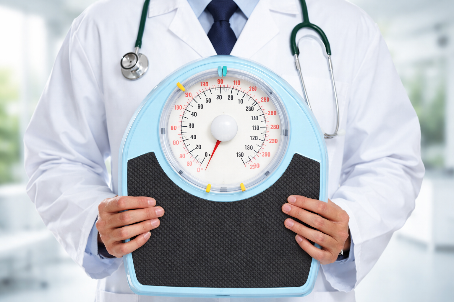 Doctor holding a light blue weighing scale representing medical weight loss program in Garland TX