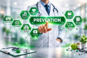 Preventive healthcare concept showing doctor pointing to prevention icons for screenings and wellness exams in Garland TX