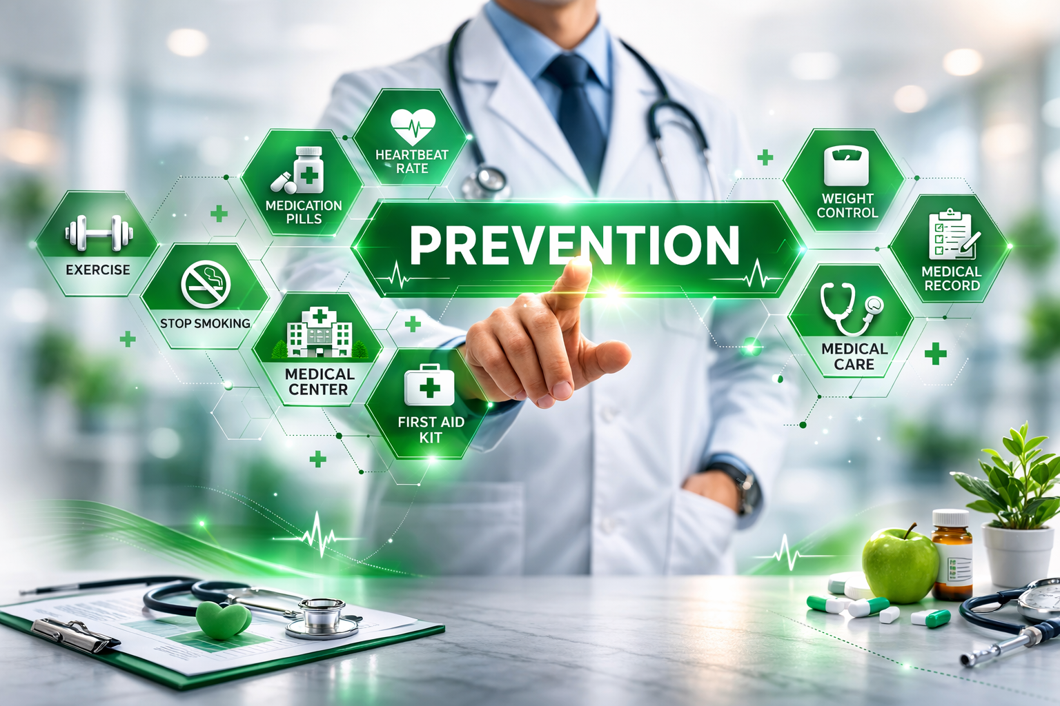 Preventive healthcare concept showing doctor pointing to prevention icons for screenings and wellness exams in Garland TX