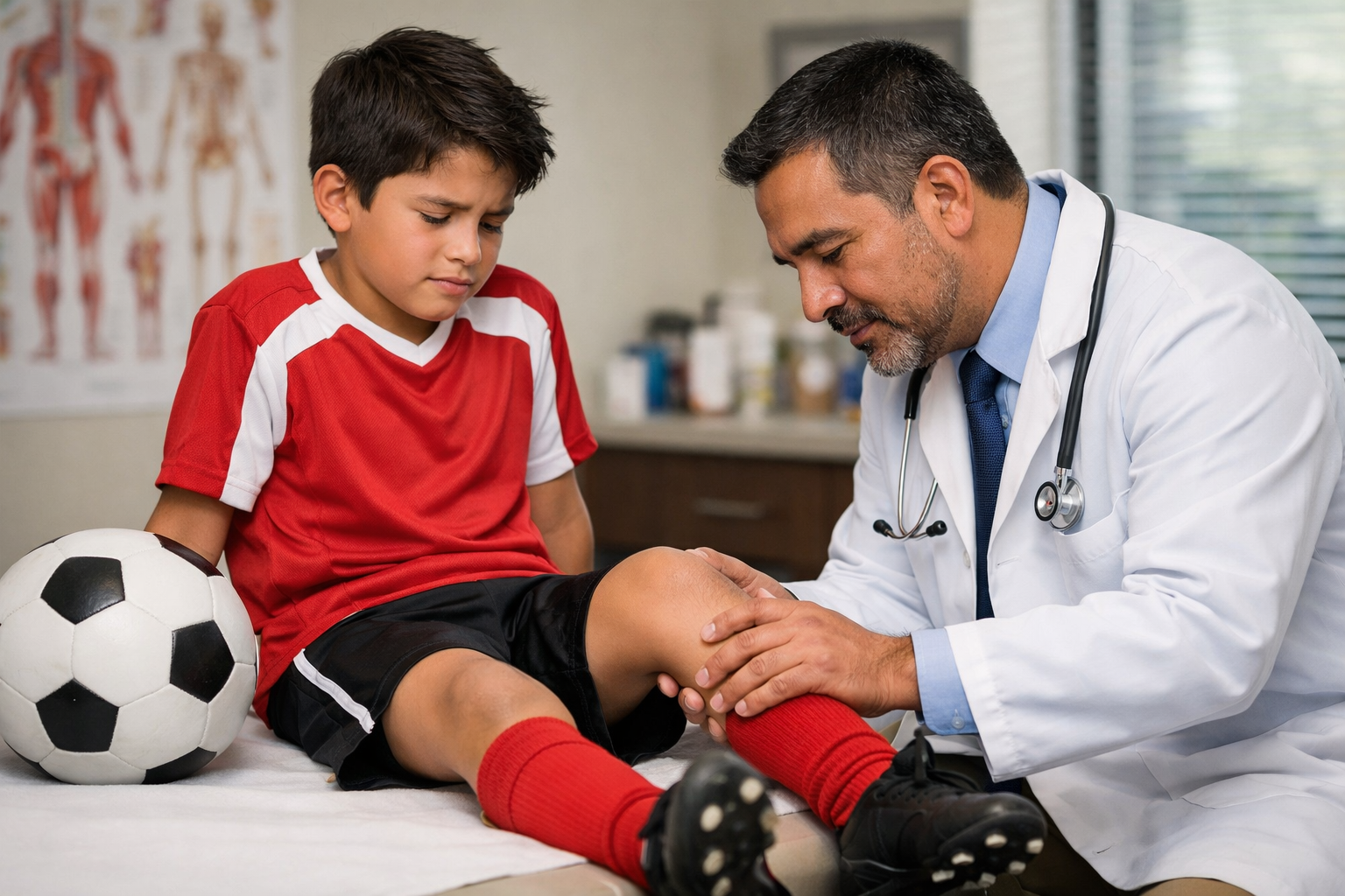Latino doctor performing a sports physical by examining a young boy’s knee in Garland, TX, with a soccer ball beside him
