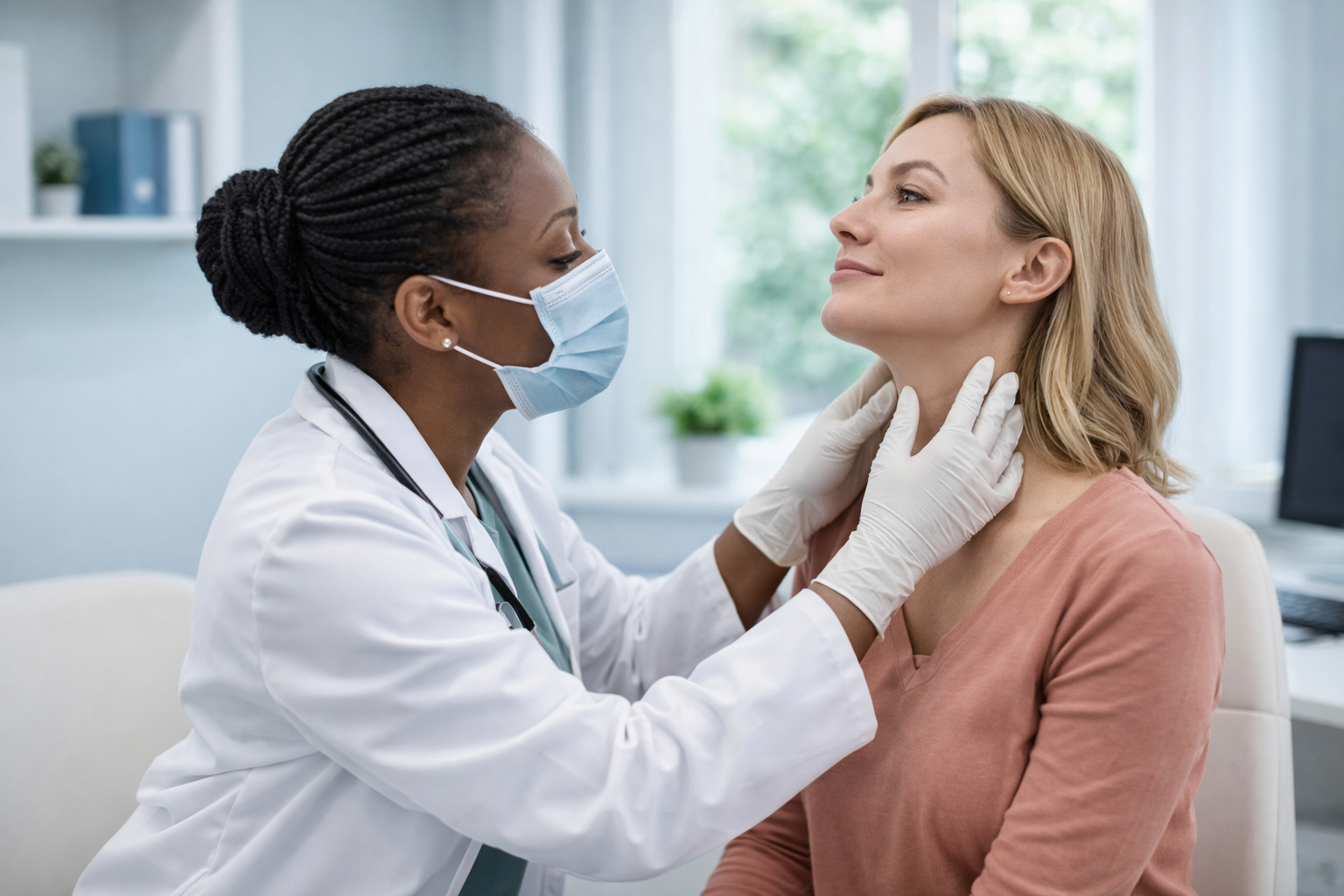 Doctor examining patient’s neck during a sick visit consultation in Garland TX