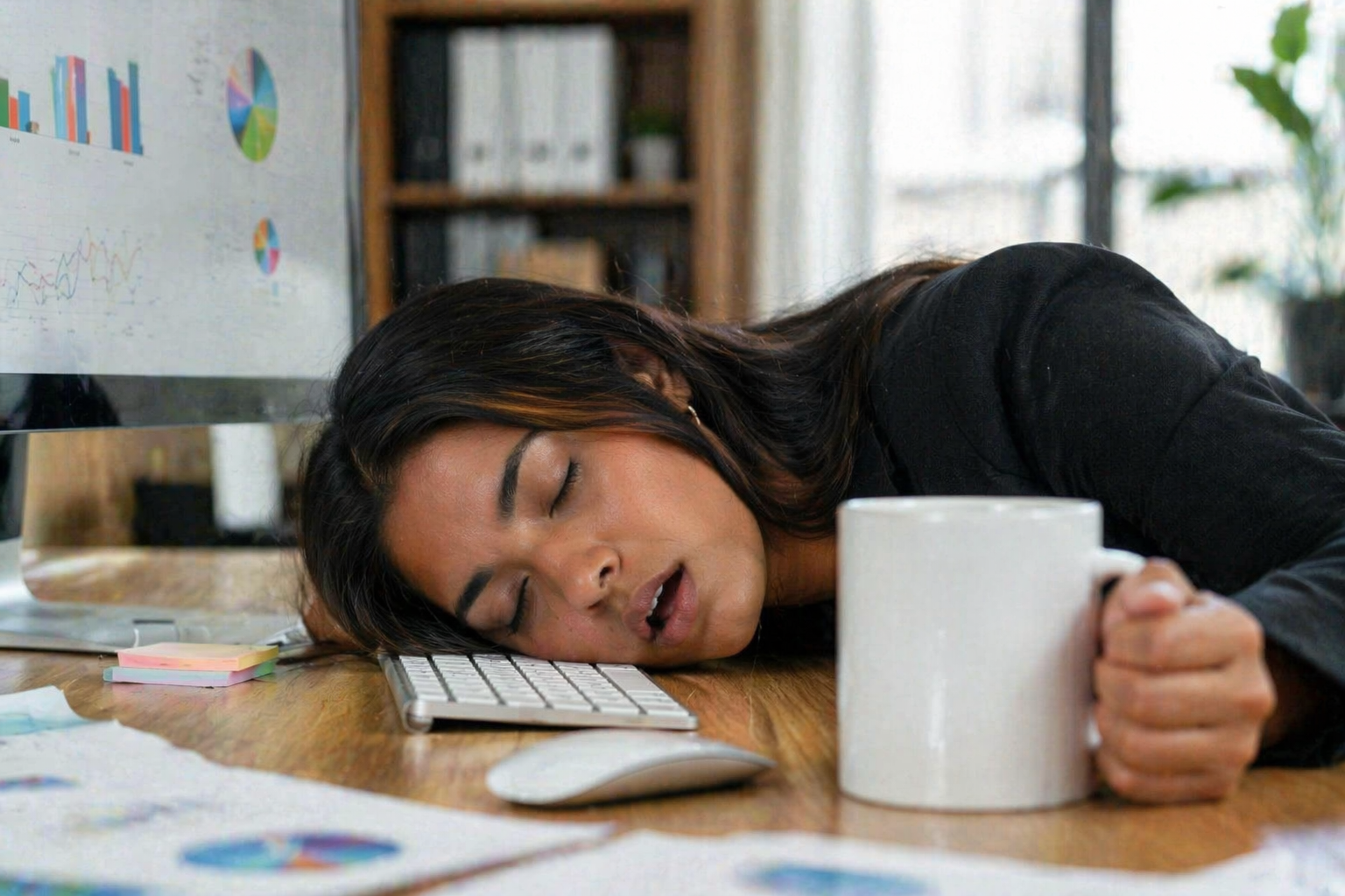Woman exhausted at desk holding coffee showing fatigue symptoms beyond stress in Garland TX