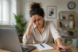 Woman holding head feeling dizzy at desk during daily activities in Garland TX