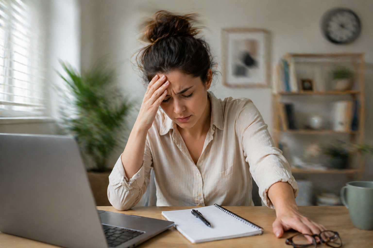 Woman holding head feeling dizzy at desk during daily activities in Garland TX