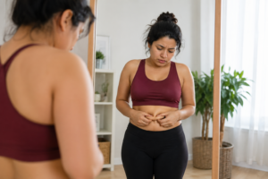 Woman checking belly fat in mirror showing unexplained weight gain despite eating less in Garland TX