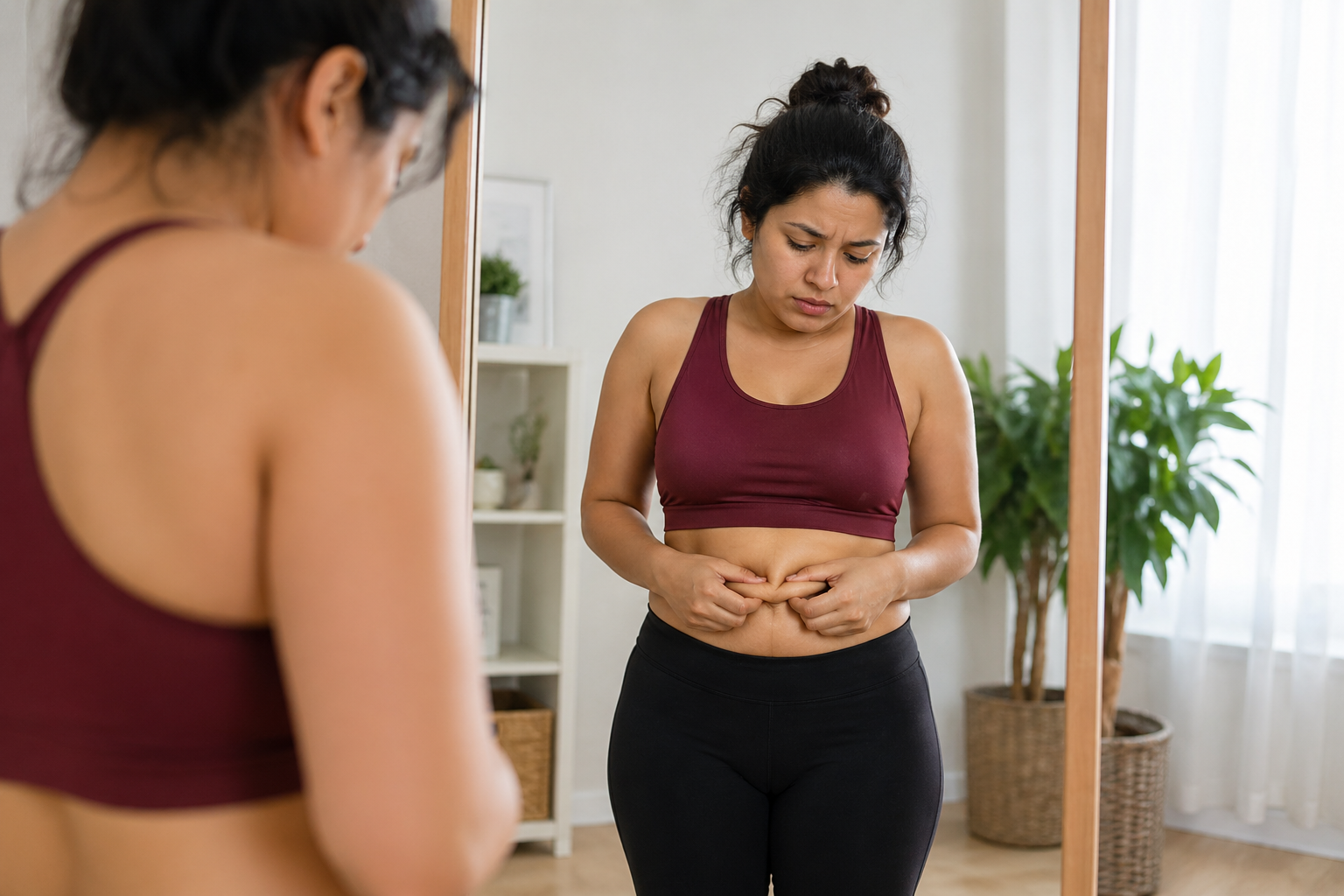 Woman checking belly fat in mirror showing unexplained weight gain despite eating less in Garland TX