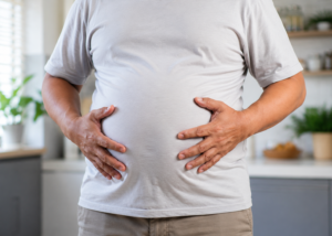 Man holding swollen stomach asking why am I always bloated