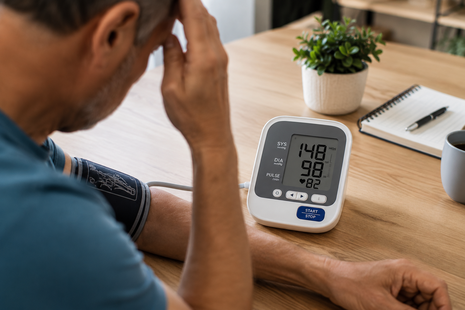Man checking blood pressure monitor asking why is my blood pressure always high