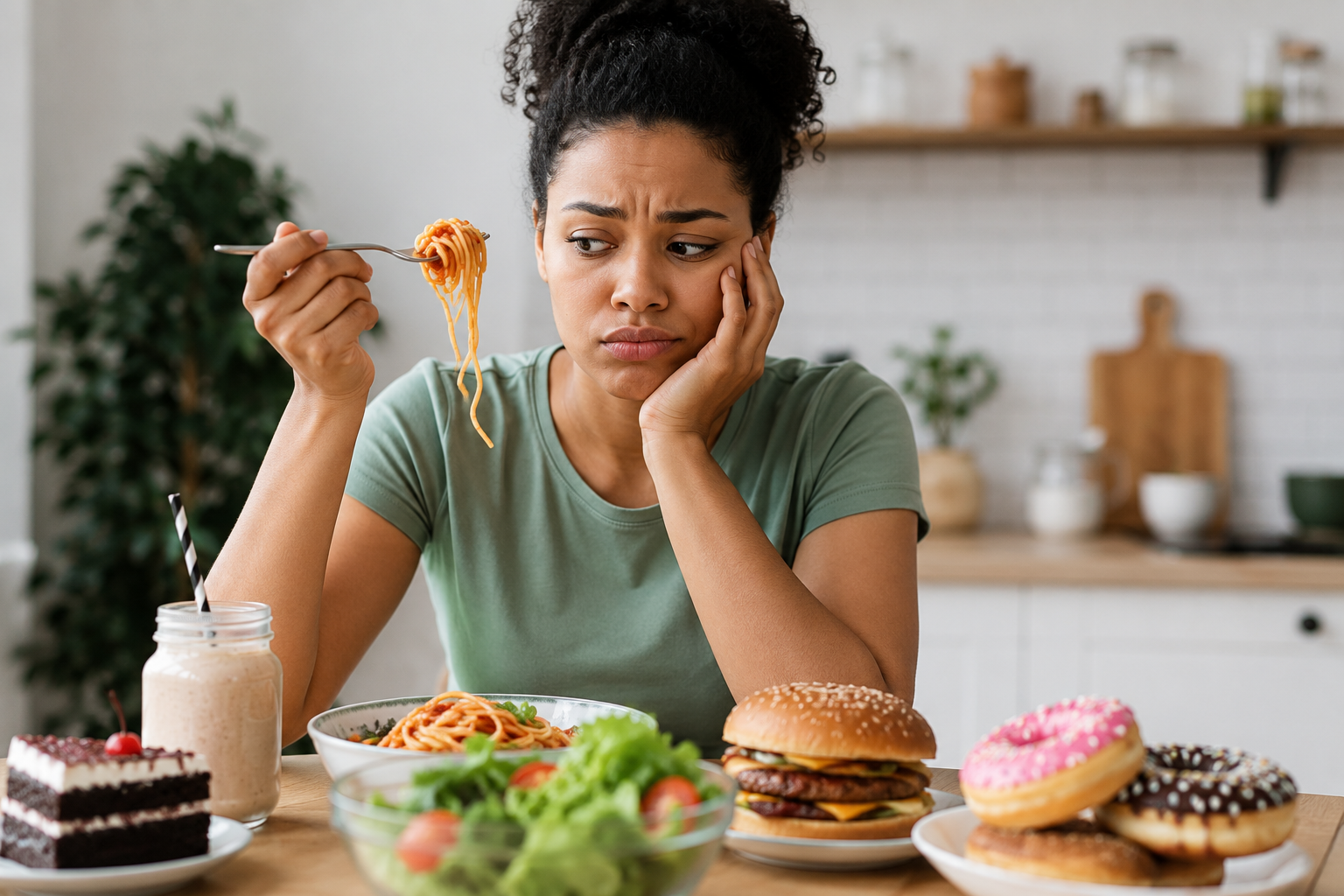 Woman surrounded by food wondering why do I feel hungry all the time