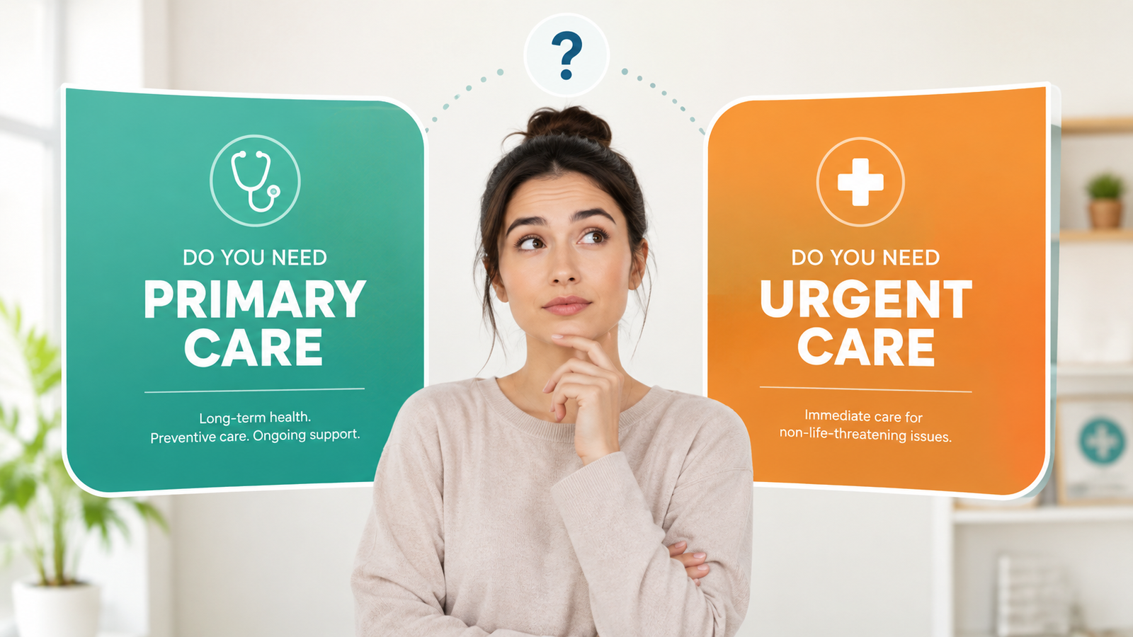 Woman comparing primary care vs urgent care options