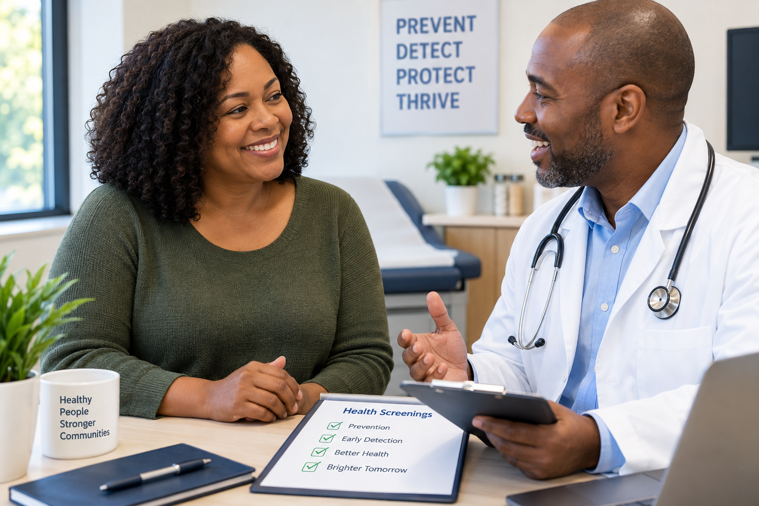 Primary care provider discussing preventive health screenings with an adult patient in Garland TX