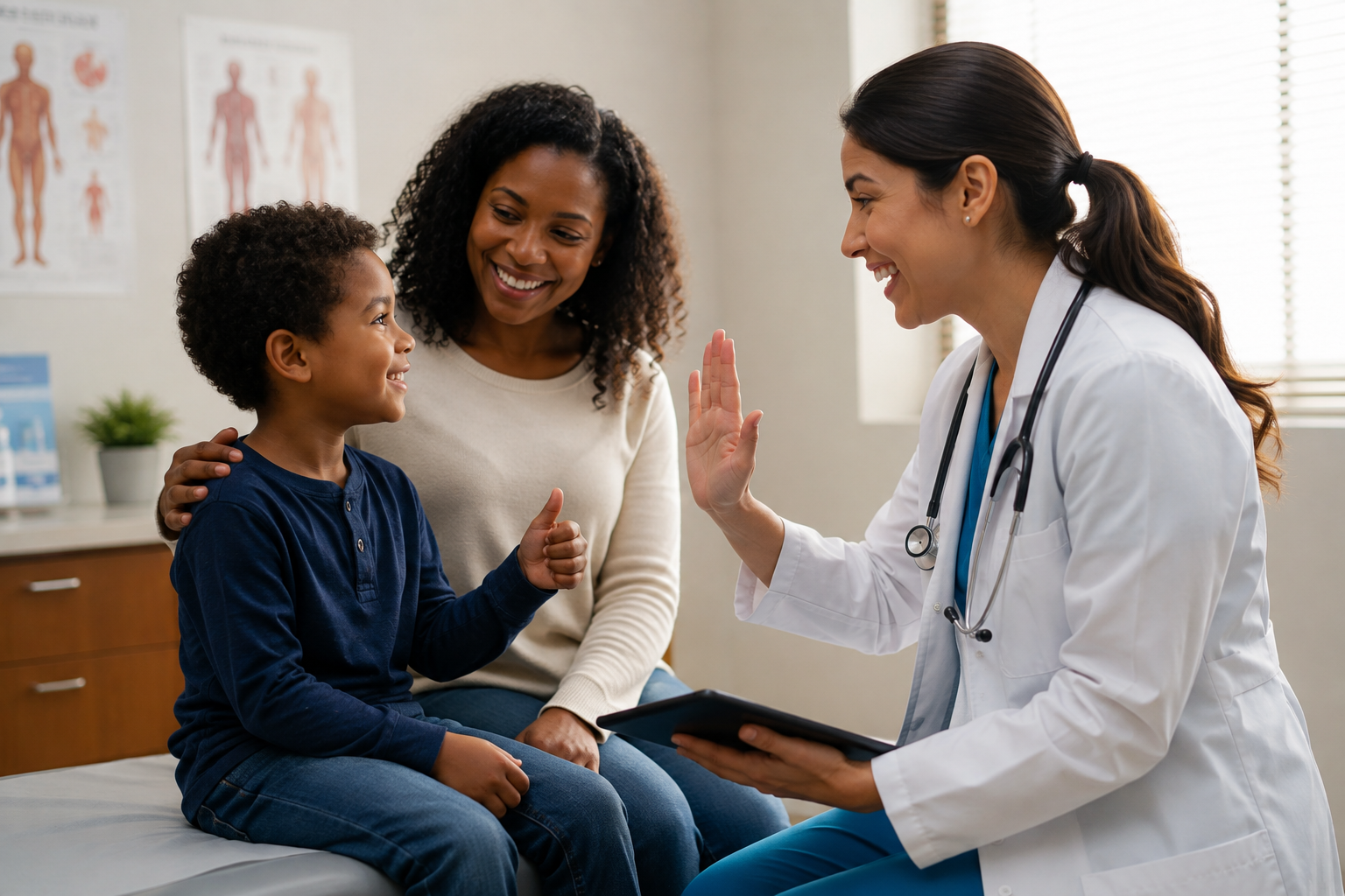 Primary care provider speaking with a mother and child during a clinic visit