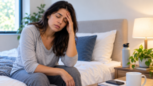 Tired woman sitting on her bed after a poor night's sleep