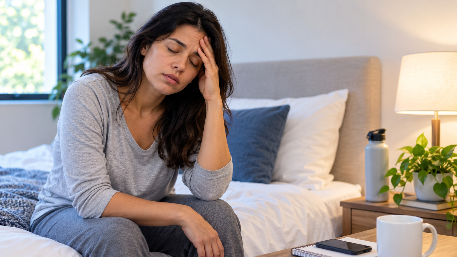 Tired woman sitting on her bed after a poor night's sleep