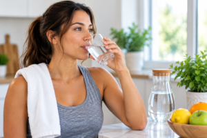Woman drinking a glass of water as part of a healthy daily hydration routine