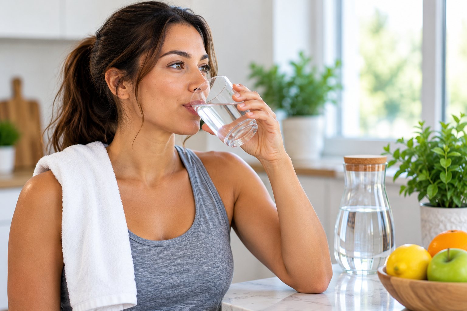 Woman drinking a glass of water as part of a healthy daily hydration routine