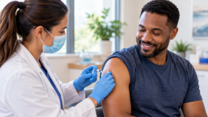 Healthcare provider giving an adult patient a flu vaccine in a Garland TX clinic
