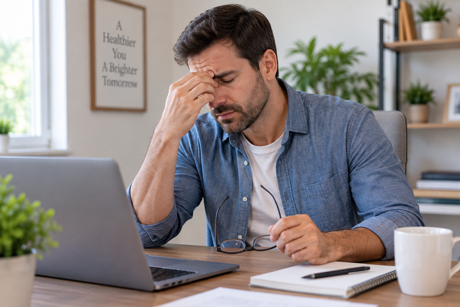 Stressed man sitting at a desk while working from home