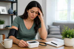 Woman checking her blood pressure at home as part of a heart-healthy lifestyle