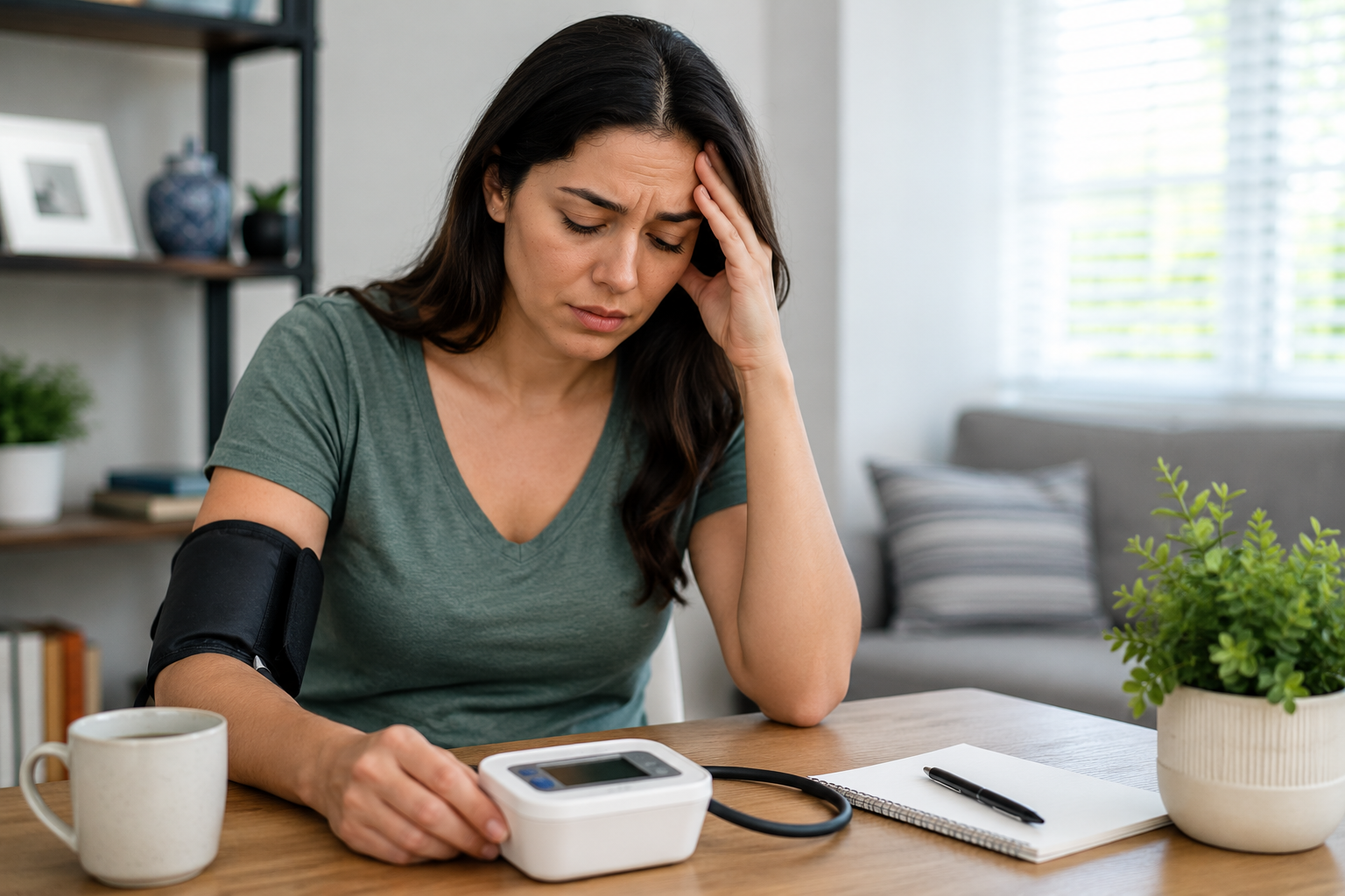 Woman checking her blood pressure at home as part of a heart-healthy lifestyle
