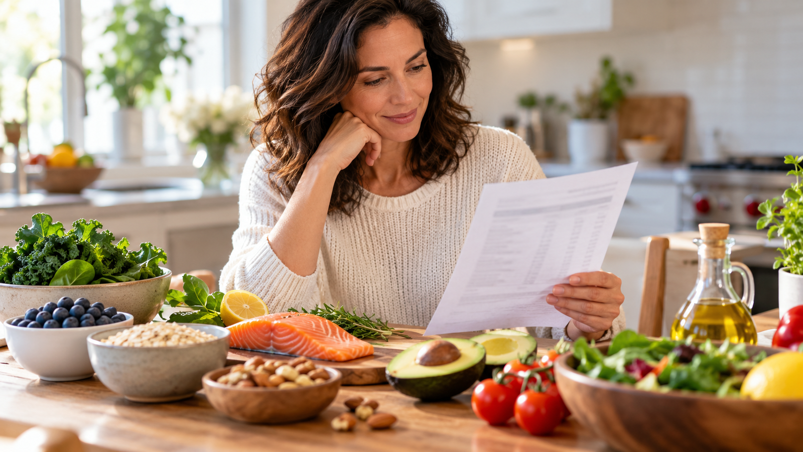 Woman reviewing cholesterol test results at a kitchen table with heart-healthy foods