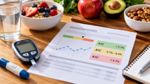 A1C and blood sugar monitoring setup with a glucose meter, lancet, health report, and healthy foods on a table