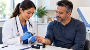 Healthcare provider checking an adult patient's blood sugar during a preventive screening